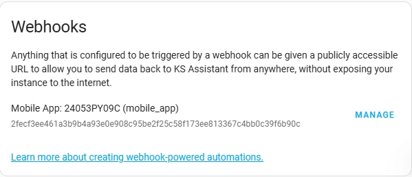 Screenshot of the webhooks card in the Cloud panel
