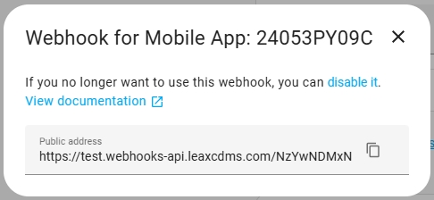 Screenshot of the webhook info dialog